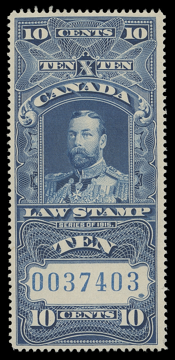 CANADA REVENUES (FEDERAL)  FSC13,A well centered used example with serial number "0037403" in blue, remarkably fresh on bright white wove paper, single light punch cancel at centre. Much nicer than we are accustomed to seeing, VF