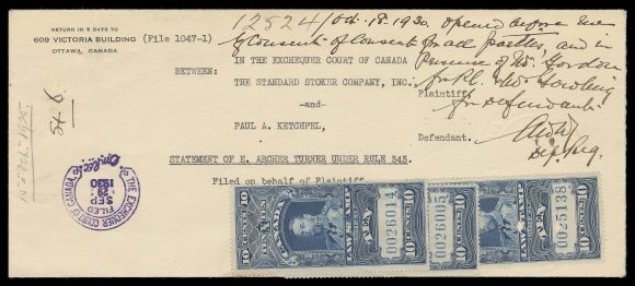 CANADA REVENUES (FEDERAL)  FSC13,Legal envelope with enclosure with statement of E. Archer Turner, inventor, testifying in the Exchequer Court case of the Standard Stoker Company, filed SEP 29 1930, docketing manuscript and signed. Three overlapping singles of the very elusive 10c blue KGV perf 12 punch cancelled and affixed to envelope - unusual as it was customary to have Supreme Court stamps affixed to pertinent documents. A stunning multiple usage of a key Supreme Court stamp, VF (Cat. $3,000 as used singles)