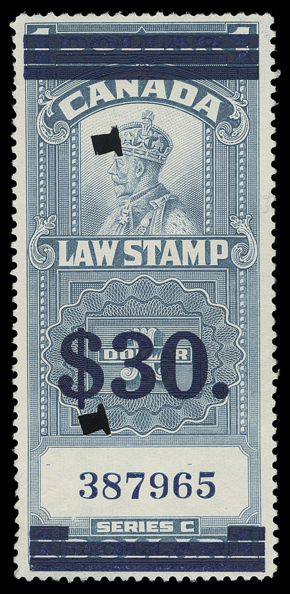 CANADA REVENUES (FEDERAL)  FSC19,A well centered used example with royal blue surcharge, horizontal bars at top and at foot, serial number "387965", punch cancels, bright fresh and VF; only 1,040 examples received this surcharged