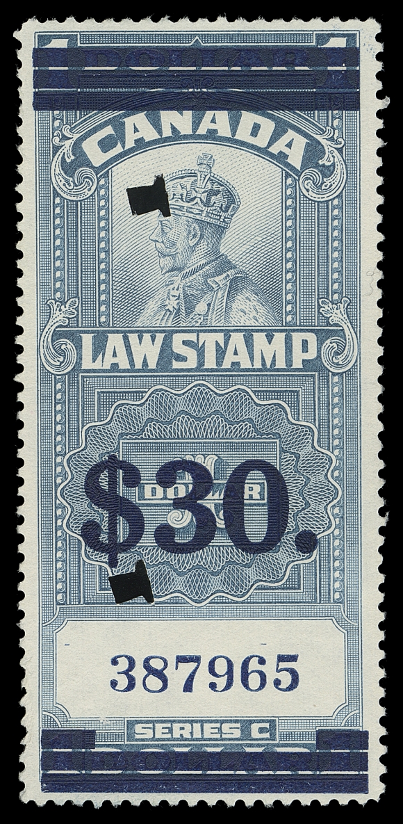 CANADA REVENUES (FEDERAL) FSC19,A well centered used example with royal blue surcharge, horizontal bars at top and at foot, serial number "387965", punch cancels, bright fresh and VF; only 1,040 examples received this surcharged