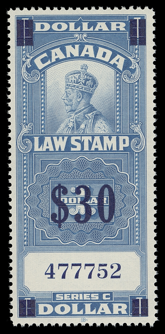 CANADA REVENUES (FEDERAL)  FSC20,A superb mint example with royal blue surcharge with vertical bars, serial number "477752", radiant fresh colour, precise centering and pristine original gum, XF NH