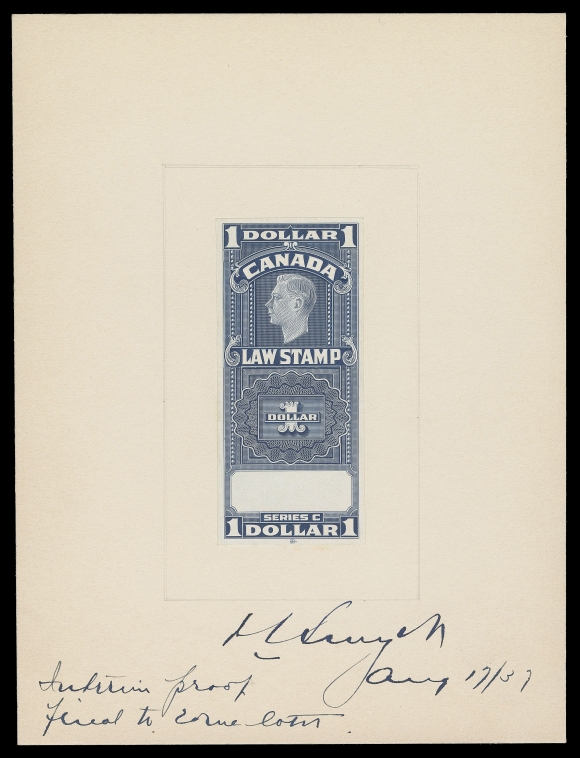 CANADA REVENUES (FEDERAL)  An outstanding Engraved Die Essay printed in slate blue on thick white glazed surfaced paper, superimposed central vignette of King George VI onto $1 KGV Supreme Court, no serial number, stamp size and mounted on BABN very thick card 127 x 168mm, signed by engraver, dated "Jany 17 / 37" and annotated "Interim proof final to come later" at foot; British American Bank Note Co. AUG 17 1937 Ottawa archival boxed datestamp on reverse. An absolutely superb showpiece and a striking die essay of this unissued denomination, XF and possibly a one-of-a-kind item.Provenance: Wilmer C. Rockett Part II, December 1999; Lot 158This One dollar die essay is not listed in the comprehensive Zaluski handbook, which states: "A new $1.00 plate was not prepared because the second George V $1.00 plate (which produced CAL19 and which was not yet two years old) remained perfectly adequate and continued to be used to produce one-dollar stamps."