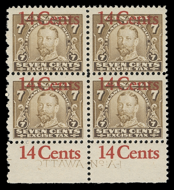 CANADA REVENUES (FEDERAL)  FX27g +k,A striking mint block of four with Ottawa No A1 plate imprint, "14 Cents" red surcharge dramatically shifted, showing at top of each stamp as well as in lower margin, VF LH and most appealing. The FX27k is currently listed in Van Dam but still unpriced.