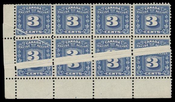 CANADA REVENUES (FEDERAL)  FX64 variety,Corner margin mint block of eight displaying a dramatic, remarkably wide pre-print paper fold running across the lower row, additional narrow pre-print crease above. F-VF OG; a wonderful, exhibit-worthy item.