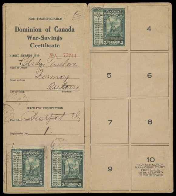 CANADA REVENUES (FEDERAL)  FWS2,Three choice, nicely centered examples with natural straight edge at top tied by Westport, Ont, duplex datestamps to Dominion of Canada War Savings Certificate; evenly aged covers, one stamp with staple holes, otherwise in a good state of preservation, very seldom seen thus, VF (Cat. $4,500 for three used singles)