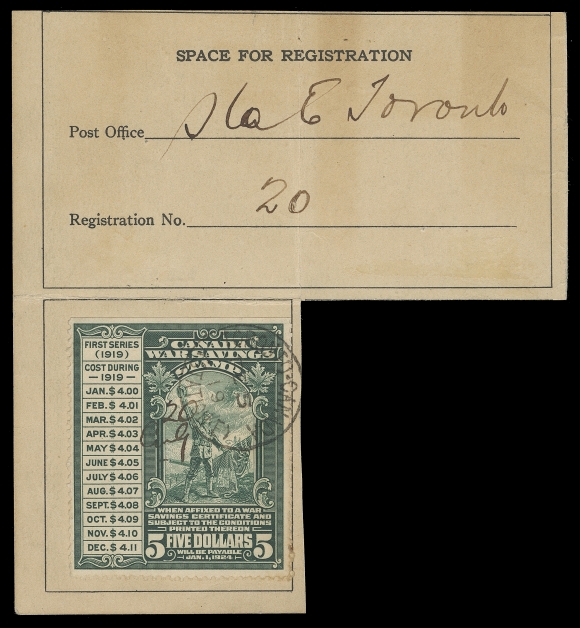 CANADA REVENUES (FEDERAL)  FWS2,Used single with straight edge at top, tied by ideal Toronto (Station E) FE 5 19 CDS postmark to piece of Dominion of Canada War Savings Certificate, F-VF