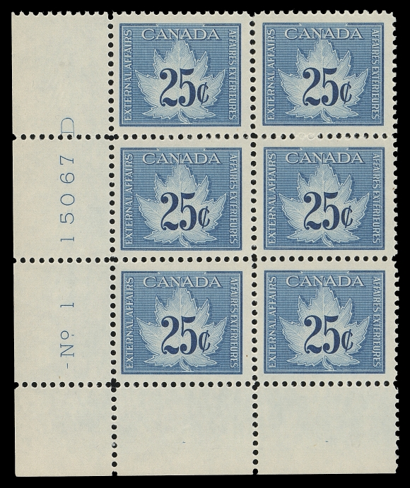 CANADA REVENUES (FEDERAL)  FCF1,A lower left plate block of six, brilliant fresh mint, a very scarce positional block of the key value, VF NH