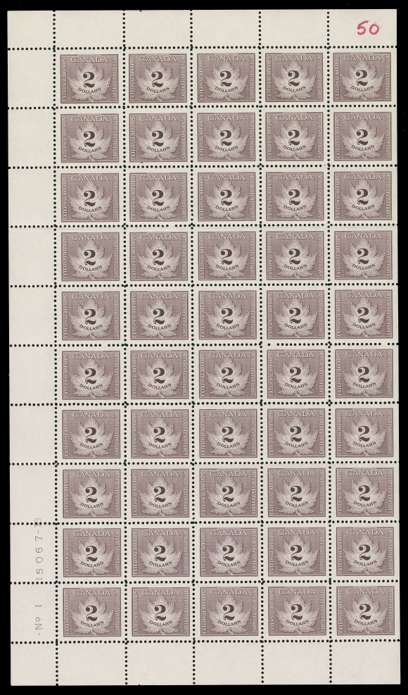 CANADA REVENUES (FEDERAL)  FCF4,Left-hand mint pane of 50, plate imprint at lower left, lightly folded twice horizontally along perfs, some split perfs in left margin, "50" accountancy mark at top. A rare intact mint pane, F-VF NH (Cat. $3,575 as singles)