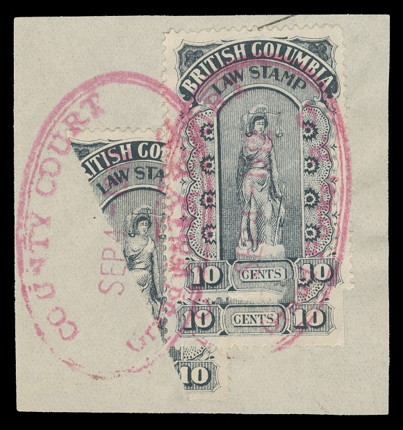 CANADA REVENUES (PROVINCIAL)  BCL16b,Two diagonally bisected examples, each with two 10c singles for 25 cent fee on document pieces County Court Grand Forks SEP 4 1912 double ring ovals in pink and Grand Forks Registry 22 / 11 /12 in manuscript. An attractive and striking duo, VF