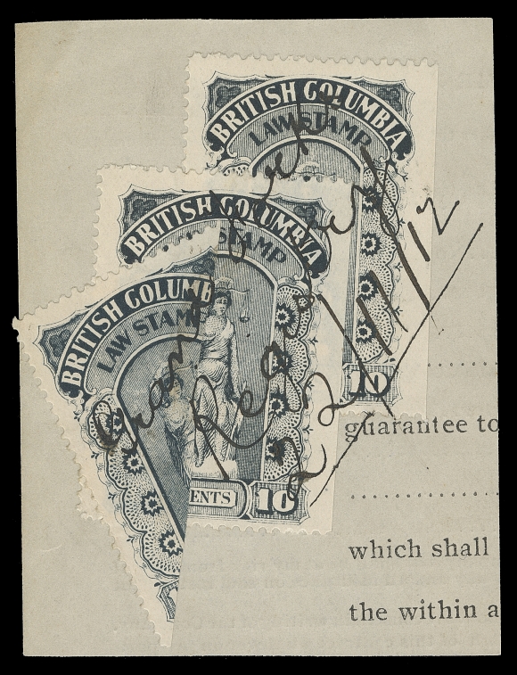 CANADA REVENUES (PROVINCIAL)  BCL16b,Two diagonally bisected examples, each with two 10c singles for 25 cent fee on document pieces County Court Grand Forks SEP 4 1912 double ring ovals in pink and Grand Forks Registry 22 / 11 /12 in manuscript. An attractive and striking duo, VF