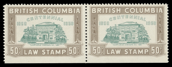 CANADA REVENUES (PROVINCIAL)  BCL48a,A very scarce mint pair with the orange colour completely OMITTED, natural straight edge at foot, characteristic Davac gum, F-VF NH

It has been documented that two panes of 25 were found; a third pane was used.
