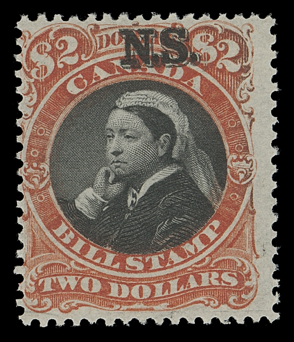 CANADA REVENUES (PROVINCIAL)  NSB17,A choice mint example with radiant colour on characteristic thin hard paper, full original gum, F-VF NH and scarce thus; photocopy of 2009 Greene Foundation cert. for a pair from which it originates.