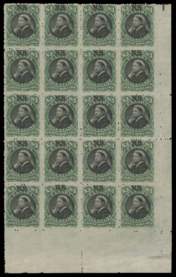 CANADA REVENUES (PROVINCIAL)  NSB18a,A spectacular corner margin mint block of twenty, rich colours on characteristic thin hard paper and typical rough perforations, folded horizontally along perfs between third and fourth rows, light creasing on top row, nevertheless in an excellent state of preservation for such a multiple with full original gum, NEVER HINGED. One of the largest multiples extant, F-VF NH (Cat. $9,600 as NH singles, top row not counted)