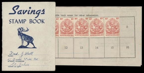CANADA REVENUES (PROVINCIAL)  NFW2,Seven examples affixed to first page of a complete "Caribou" Savings Stamp Book; uncancelled as was customary, three stamps creased from fold. A rare intact Savings book, Fine+