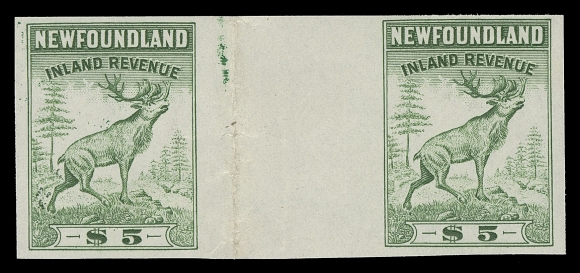 CANADA REVENUES (PROVINCIAL)  NFR46B-NFR53B,An impressive complete set of mint imperforate pairs with vertical gutter margins between, vertical fold in gutter as do all known examples; 5c and 10c with minor wrinkles, NH, VF, very scarce. (Van Dam cat. as hinged set)