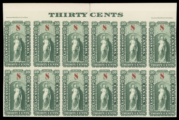 CANADA REVENUES (PROVINCIAL)  Justice Design for Upper and Lower Canada - Plate essay block of twelve on card mounted india, printed in green and overprinted "S" in red, two full plate imprints and "THIRTY CENTS" counter in the top margin, folded vertically between third and fourth columns; VF and rare, intended for use in the Supreme Courts but never issued