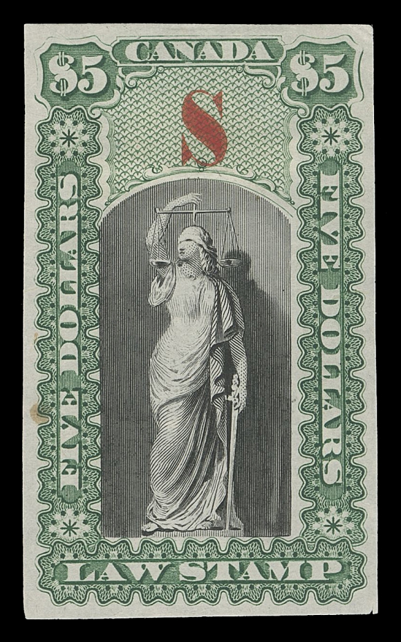 CANADA REVENUES (PROVINCIAL)  Justice Design for Upper and Lower Canada - Plate essays on india paper, printed in green and overprinted "S" in red for eight different denominations - 5c, 20c, 30c, 40c, 60c, 80c, $4 & $5 - only lacks the $1 value, VF, intended for use in the Supreme Courts but never issued
