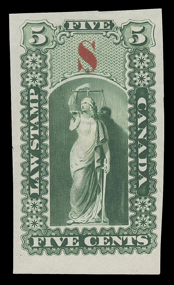 CANADA REVENUES (PROVINCIAL)  Justice Design for Upper and Lower Canada - Plate essays on india paper, printed in green and overprinted "S" in red for eight different denominations - 5c, 20c, 30c, 40c, 60c, 80c, $4 & $5 - only lacks the $1 value, VF, intended for use in the Supreme Courts but never issued