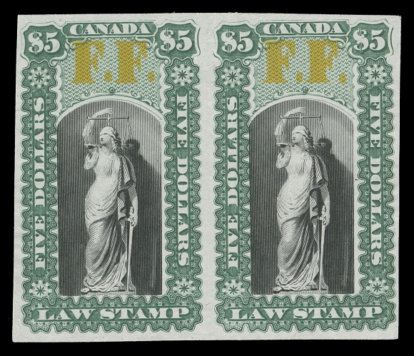 CANADA REVENUES (PROVINCIAL)  OL16-OL30,Justice Design for Upper and Lower Canada - 15 Plate proofs in issued colours on india paper, overprinted "F.F." in yellow, complete set in pairs (except 80c single) and very scarce thus, VF