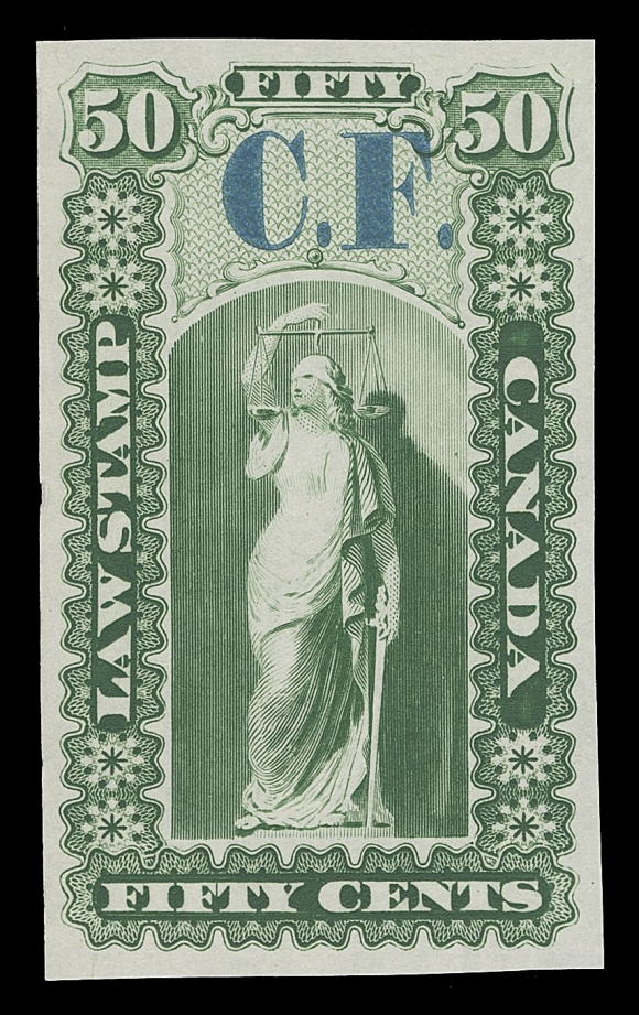 CANADA REVENUES (PROVINCIAL)  OL2/OL14,Justice Design for Upper and Lower Canada - Plate proofs in issued colours on india (some card mounted) overprinted "C.F." in deep blue, the set of 12 (lacks 5c, 70c, $5) plus additional 40c trial colour in deep purple with "C.F." in yellow and 50c green with "C.F." in turquoise, also the 60c & $4 are present both on india paper and on card, VF

The lot also contains a single Secretary