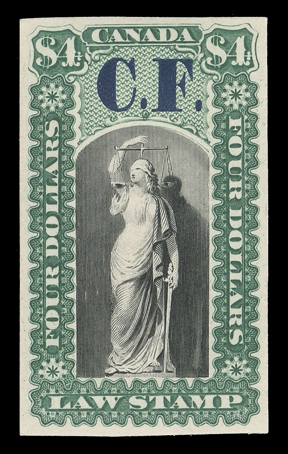 CANADA REVENUES (PROVINCIAL)  OL2/OL14,Justice Design for Upper and Lower Canada - Plate proofs in issued colours on india (some card mounted) overprinted "C.F." in deep blue, the set of 12 (lacks 5c, 70c, $5) plus additional 40c trial colour in deep purple with "C.F." in yellow and 50c green with "C.F." in turquoise, also the 60c & $4 are present both on india paper and on card, VF

The lot also contains a single Secretary