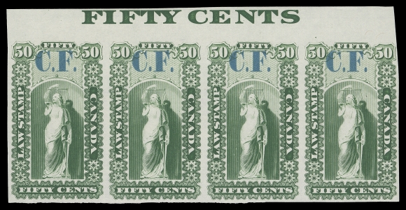 CANADA REVENUES (PROVINCIAL)  OL6,Justice Design for Upper and Lower Canada - Plate proof strip of four in the issued colour on india paper, overprinted "C.F." in turquoise blue, from top centre of sheet with complete "FIFTY CENTS" counter imprint, scarce and attractive, VF