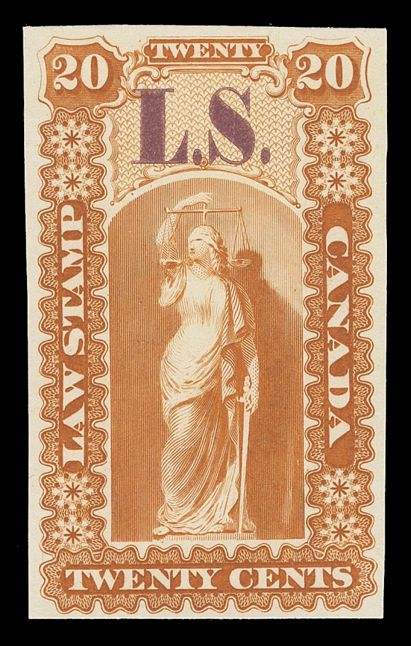 CANADA REVENUES (PROVINCIAL)  OL31/OL45,Justice Design for Upper and Lower Canada - Plate proof in issued colour on india or card mounted india overprinted "L.S." in reddish lilac, set of 14 (lacks 60c), the 20c is in orange, plus $1 in different shade of overprint (2). Also 30c, 50c, 70c, 80c, 90c,$1, $2, $3 & $5 are represented both on india and on card mounted india. A beautiful display of these not often seen proofs, VF