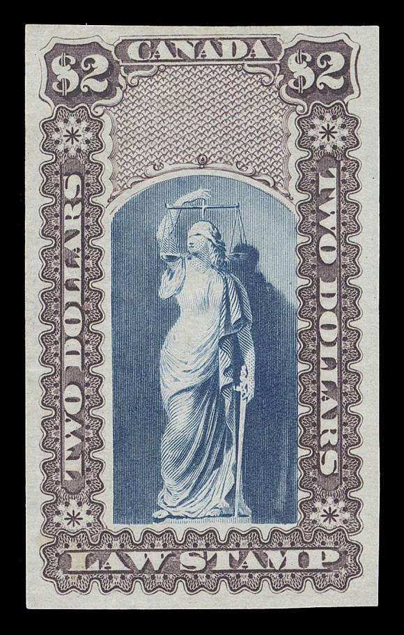 CANADA REVENUES (PROVINCIAL)  Justice Design for Upper and Lower Canada - Plate and trial colour plate proofs on india or on card mounted india - an attractive lot of ten different. Also, the 10c indigo, 10c brown, 10c, 70c, 90c, $4 in green are present both on india and on card, VF
