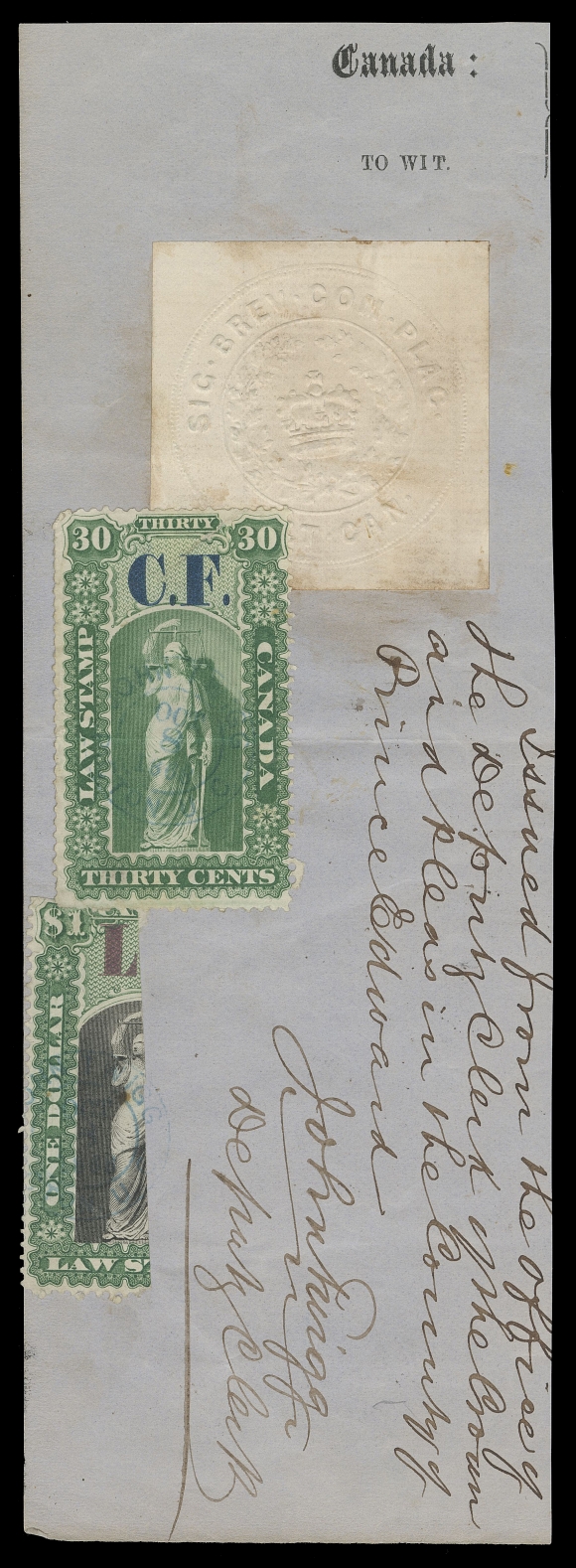 CANADA REVENUES (PROVINCIAL)  OL41b,Left vertical bisect tied by two-ring OCT 8 1868 datestamp, in combination with 30c "C.F." (horizontal crease) and albino seal white label to large fragment of document; a rare usage, Fine+