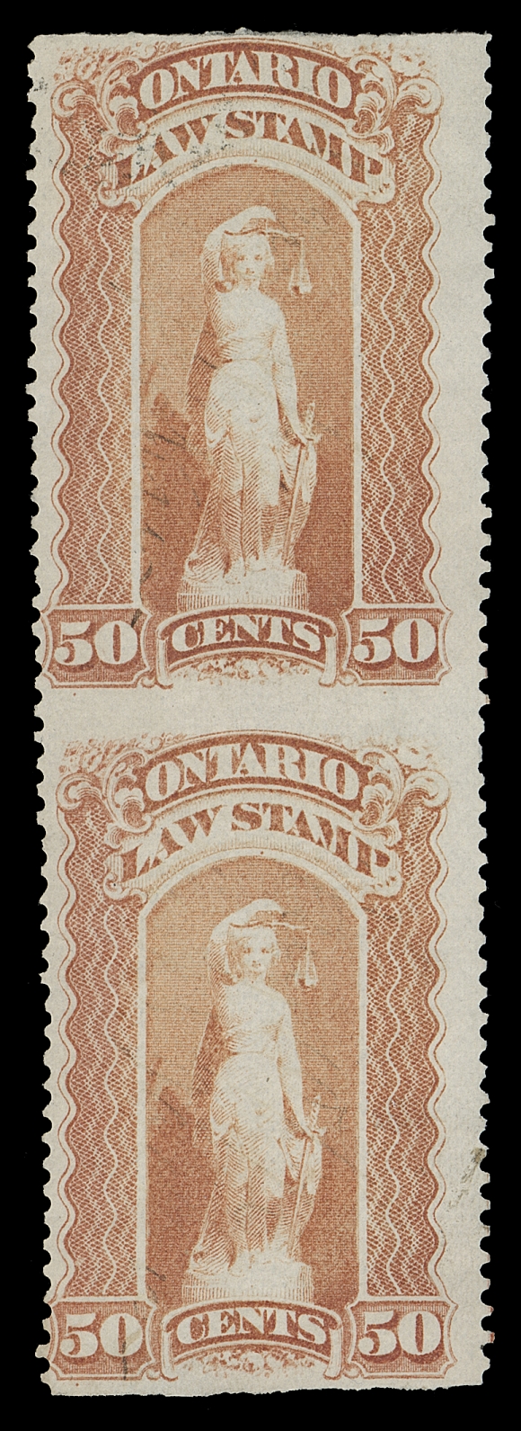 CANADA REVENUES (PROVINCIAL)  OL52a,A used vertical pair imperforate horizontally, very lightly cancelled and quite rare, Fine+