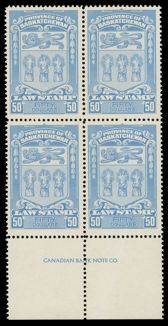 CANADA REVENUES (PROVINCIAL)  SL57/SL67,An outstanding lot of all nine blocks of four (except $5, two vertical pairs) all showing CBN imprint in lower margin. This is the complete first issue on Dextrine Gum, the 25c & $10 do not as such, a very rare set, VF NH

The $50 Lithographed, perf 12 with DEX Gum is one of the rarest Saskatchewan revenue stamps. Only 13 examples are reported (found by K.Bileski) - nine singles and this block! Interestingly enough, he retailed the singles at $1,500 each decades ago.