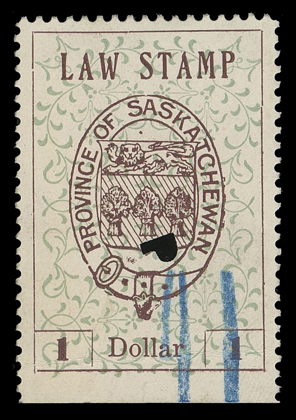 CANADA REVENUES (PROVINCIAL)  SL18,An impressive lot of seven examples with normal upright scroll background - only six such sheets of 25 were printed (150 stamps), each is from a different position and most show constant plate varieties. Position 25 with light crease at top, otherwise all are sound with punch cancel, four with additional crayon cancel. A rare assembly ideal for the specialist, F-VF