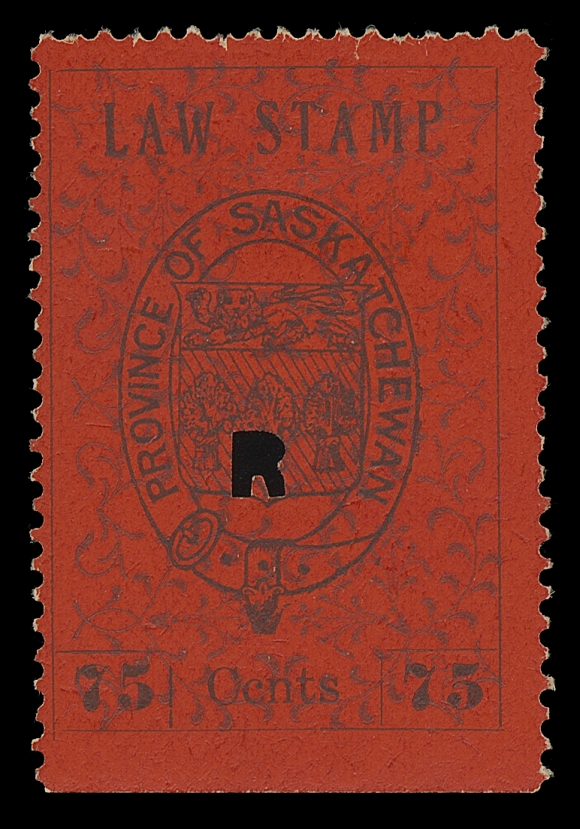 CANADA REVENUES (PROVINCIAL)  SL17b,The very scarce constant "Ccnts" variety (Pos. 23), single-punch "R" (Regina) cancel, natural straight edge at foot, a few dulled perfs at top, Fine

The 75c Law Stamp from the Second Printing, only 80 sheets were printed (2,000 stamps) so a maximum of 80 examples of this variety can exist; considerably fewer survive. No mint example has been reported.