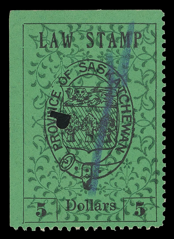 CANADA REVENUES (PROVINCIAL)  SL1-SL10 variety, SL13-SL20 variety,The set of 10 to the $5 black on green, all from Position 1 and showing the Inverted Background variety, which is only found on that particular position in the sheet on all values, minor flaws on a few, VF appearance. A very challenging set to assemble. Also 1907 Second Printing 5c-$3 Law Stamps, all from Pos. 1 with inverted background. ex. Cunliffe collection