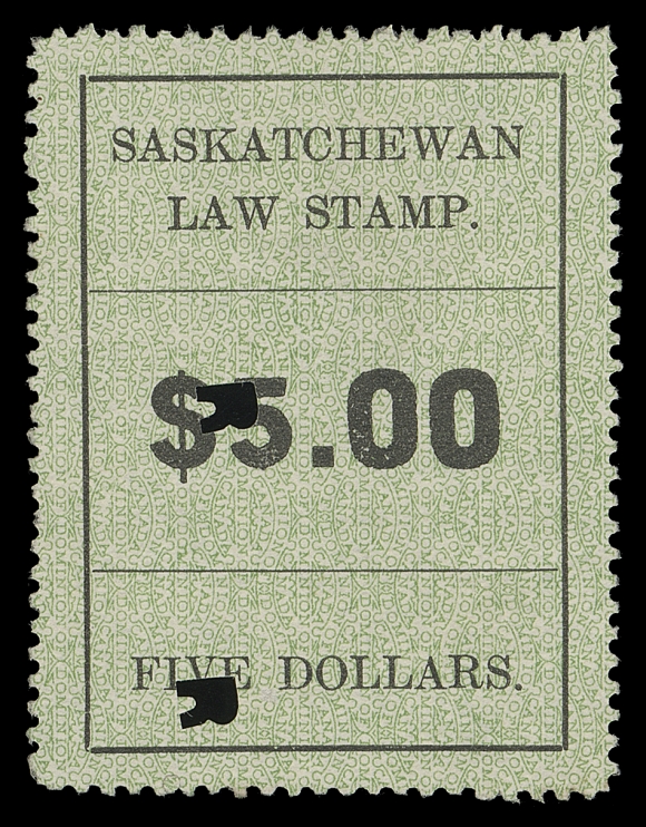 CANADA REVENUES (PROVINCIAL)  SL30,A well centered example of this scarce denomination (only 100 printed), perforated all around with "R" (Regina) punch cancels, VF