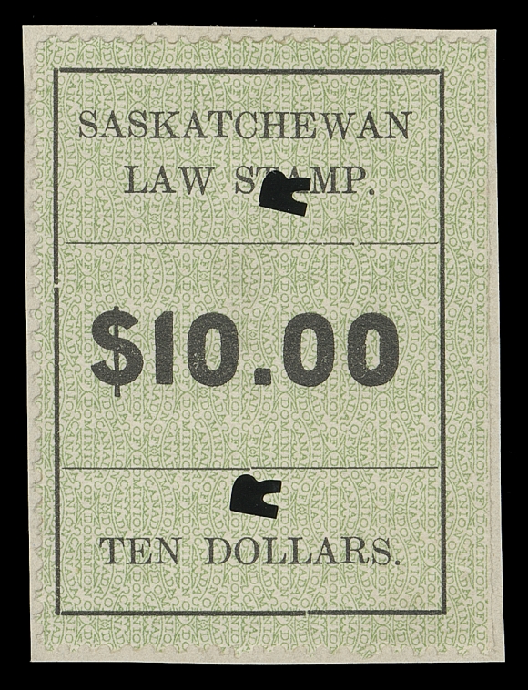 CANADA REVENUES (PROVINCIAL)  SL31a,A very scarce single on piece with zeros same size as "1", natural straight edge at right, "R" (Regina) punch cancels, F-VF; only 100 were printed, of which only a small number show this variety.