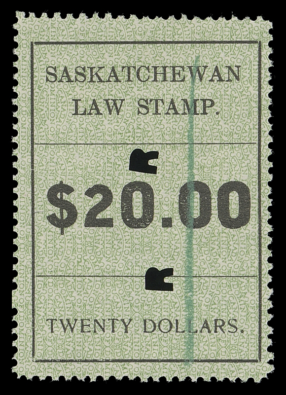 CANADA REVENUES (PROVINCIAL)  SL32,A nicely centered used example of this elusive stamp, perforated on all sides, two "R" (Regina) punch cancels and blue crayon line, F-VF