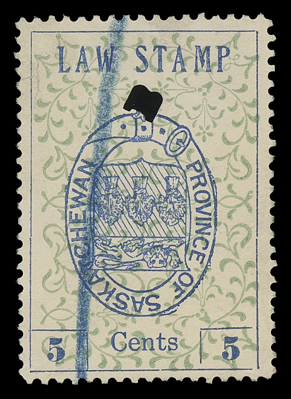 CANADA REVENUES (PROVINCIAL)  SL1a,A choice, well centered example, perforated all around and showing the Inverted Centre (Coat of Arms), single-punch "B" (Battleford) and crayon cancels, VF