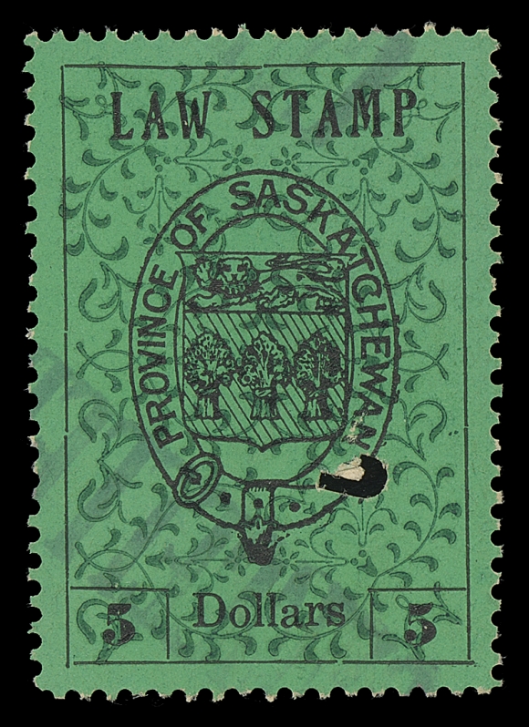 CANADA REVENUES (PROVINCIAL)  SL10,The key stamp of the set, a superb used example, precisely centered within four large margins, perforated all around, CANCELLED handstamp and single-punch "J" of Moose Jaw, XF