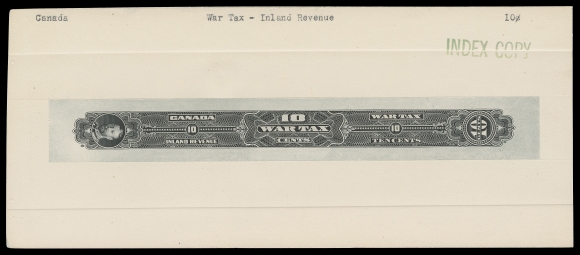 CANADA REVENUES (FEDERAL)  FWT19/FWT25,A spectacular lot of five different Engraved Die Essays and Die  Proofs, printed in black (colour of issue) on india paper sunk on large cards. All display King George V Portrait Sideways - the  5c and 20c as the issued Wine Strips (FWT24, 25), whereas the  10c, 13c & 50c Die Essays were never issued in this format. The  5c, 10c & 20c with INDEX CARD handstamp in green. Minor card  fault at foot of the 5c essay, otherwise all in choice  condition, VF; a one-of-a-kind lot which first made its first  appearance at the famous 1990 American Bank Note Co. auction.