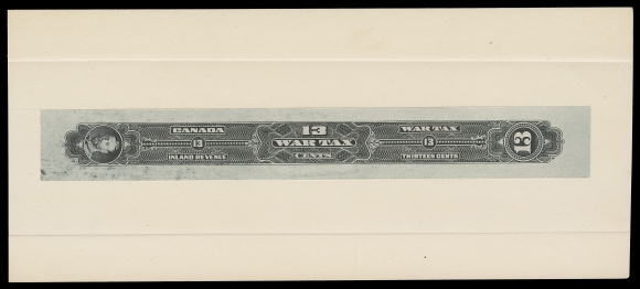 CANADA REVENUES (FEDERAL)  FWT19/FWT25,A spectacular lot of five different Engraved Die Essays and Die  Proofs, printed in black (colour of issue) on india paper sunk on large cards. All display King George V Portrait Sideways - the  5c and 20c as the issued Wine Strips (FWT24, 25), whereas the  10c, 13c & 50c Die Essays were never issued in this format. The  5c, 10c & 20c with INDEX CARD handstamp in green. Minor card  fault at foot of the 5c essay, otherwise all in choice  condition, VF; a one-of-a-kind lot which first made its first  appearance at the famous 1990 American Bank Note Co. auction.