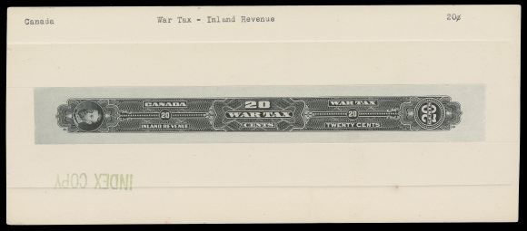 CANADA REVENUES (FEDERAL)  FWT19/FWT25,A spectacular lot of five different Engraved Die Essays and Die  Proofs, printed in black (colour of issue) on india paper sunk on large cards. All display King George V Portrait Sideways - the  5c and 20c as the issued Wine Strips (FWT24, 25), whereas the  10c, 13c & 50c Die Essays were never issued in this format. The  5c, 10c & 20c with INDEX CARD handstamp in green. Minor card  fault at foot of the 5c essay, otherwise all in choice  condition, VF; a one-of-a-kind lot which first made its first  appearance at the famous 1990 American Bank Note Co. auction.