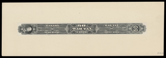 CANADA REVENUES (FEDERAL)  FWT19/FWT25,A spectacular lot of five different Engraved Die Essays and Die  Proofs, printed in black (colour of issue) on india paper sunk on large cards. All display King George V Portrait Sideways - the  5c and 20c as the issued Wine Strips (FWT24, 25), whereas the  10c, 13c & 50c Die Essays were never issued in this format. The  5c, 10c & 20c with INDEX CARD handstamp in green. Minor card  fault at foot of the 5c essay, otherwise all in choice  condition, VF; a one-of-a-kind lot which first made its first  appearance at the famous 1990 American Bank Note Co. auction.