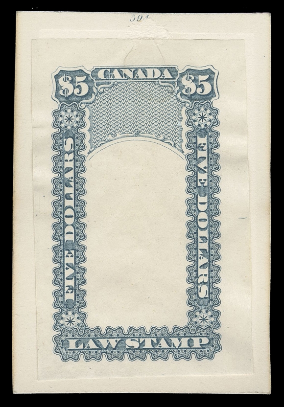 CANADA REVENUES (PROVINCIAL)  The complete set of fifteen "Goodall" die proofs, printed (circa. 1879) in grey blue on india paper partially affixed to original cards, minor edge wrinkling. Several with die number above or below design; the 5c to the 90c show the engraved Justice design. The $1 to $5 high values show the frame only due to the fact that they were originally printed in two colours. A wonderful set for the advanced revenue collector, VF
