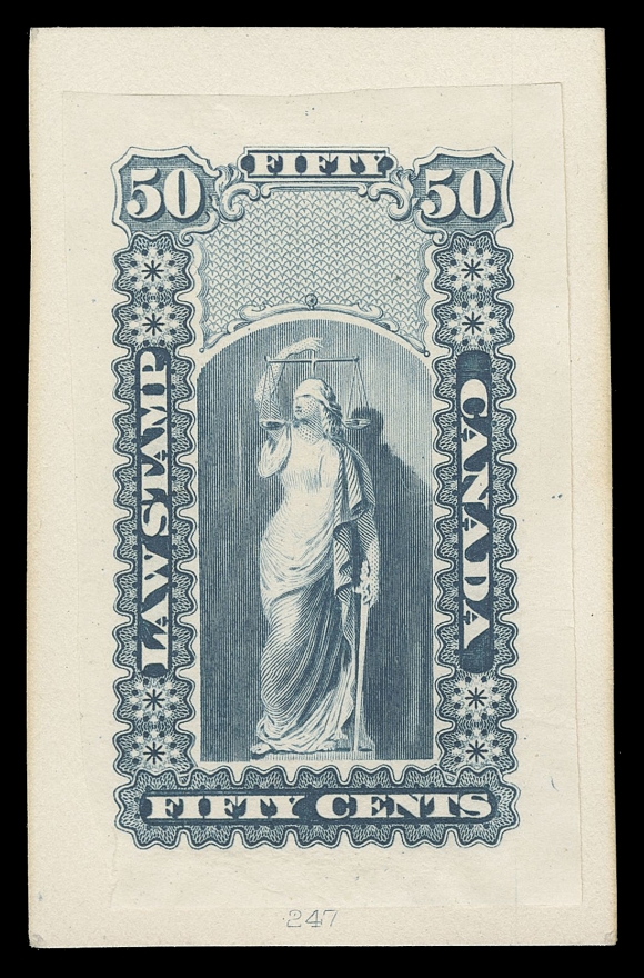 CANADA REVENUES (PROVINCIAL)  The complete set of fifteen "Goodall" die proofs, printed (circa. 1879) in grey blue on india paper partially affixed to original cards, minor edge wrinkling. Several with die number above or below design; the 5c to the 90c show the engraved Justice design. The $1 to $5 high values show the frame only due to the fact that they were originally printed in two colours. A wonderful set for the advanced revenue collector, VF