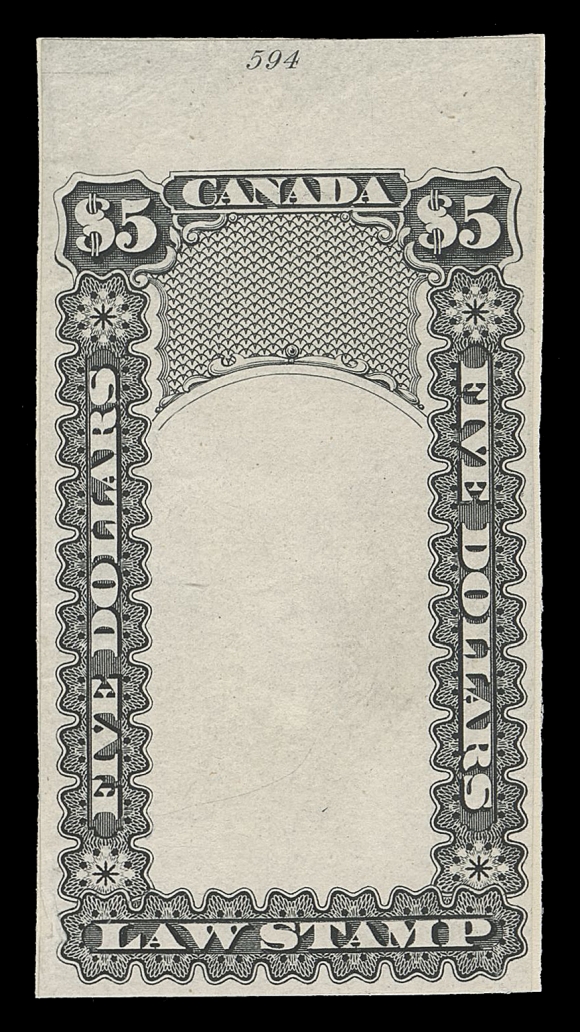 CANADA REVENUES (PROVINCIAL)  Engraved small die proofs of the "Justice" Frame Only in black on india paper, each affixed to same size card with die number captured at top or foot. These appear to be "Goodalls" printed circa. 1879, rarely seen, Fine