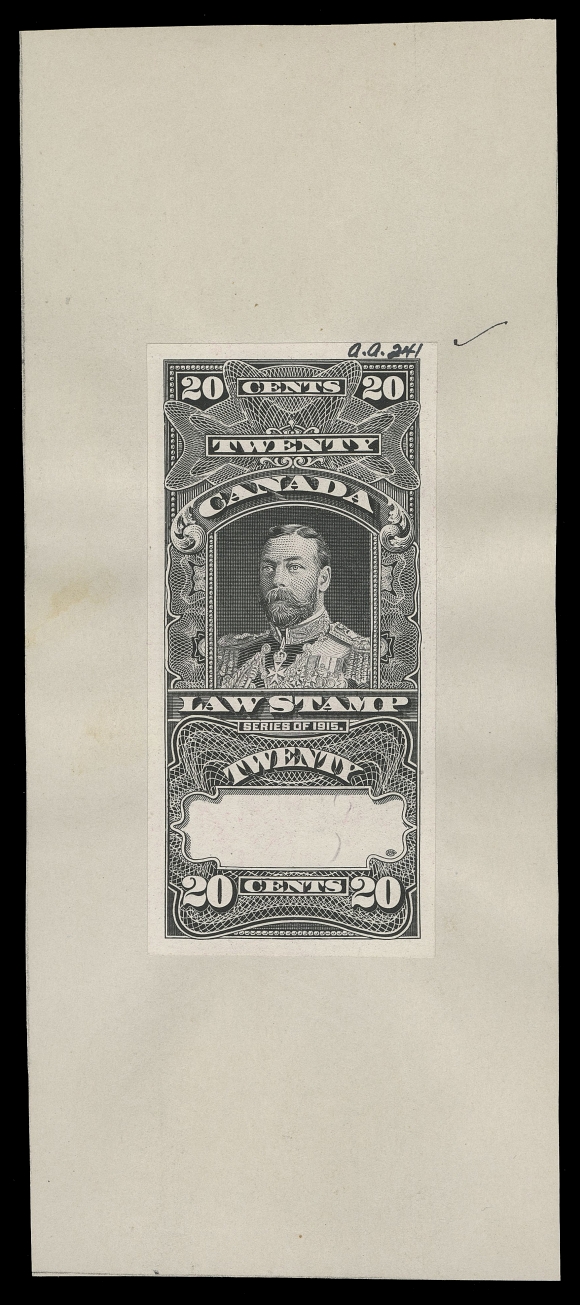 CANADA REVENUES (FEDERAL)  FSC13/FSC17,American Bank Note Co. engraved Die Essays & Die Proofs in black on india paper, the issued 10c, 25c and $1 and unissued 20c and $5. All stamp size, ample to very large margins affixed to individual cards 65-70 x 160mm, each with black ink engraver