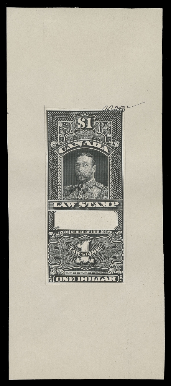 CANADA REVENUES (FEDERAL) FSC13/FSC17,American Bank Note Co. engraved Die Essays & Die Proofs in black on india paper, the issued 10c, 25c and $1 and unissued 20c and $5. All stamp size, ample to very large margins affixed to individual cards 65-70 x 160mm, each with black ink engraver
