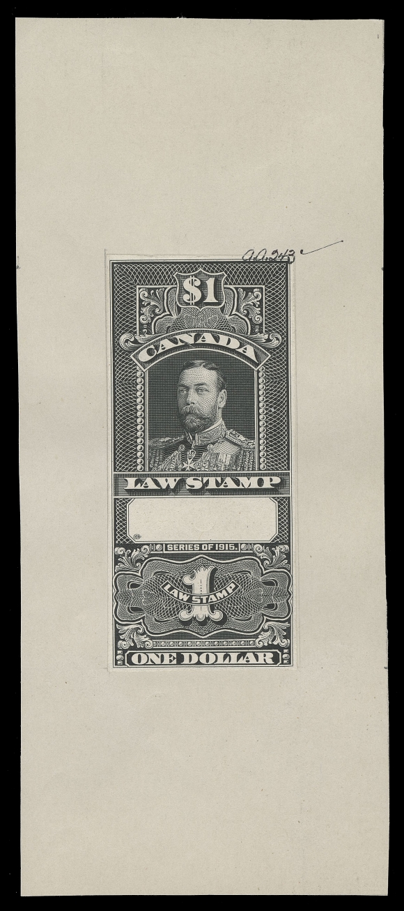 CANADA REVENUES (FEDERAL)  FSC13/FSC17,American Bank Note Co. engraved Die Essays & Die Proofs in black on india paper, the issued 10c, 25c and $1 and unissued 20c and $5. All stamp size, ample to very large margins affixed to individual cards 65-70 x 160mm, each with black ink engraver