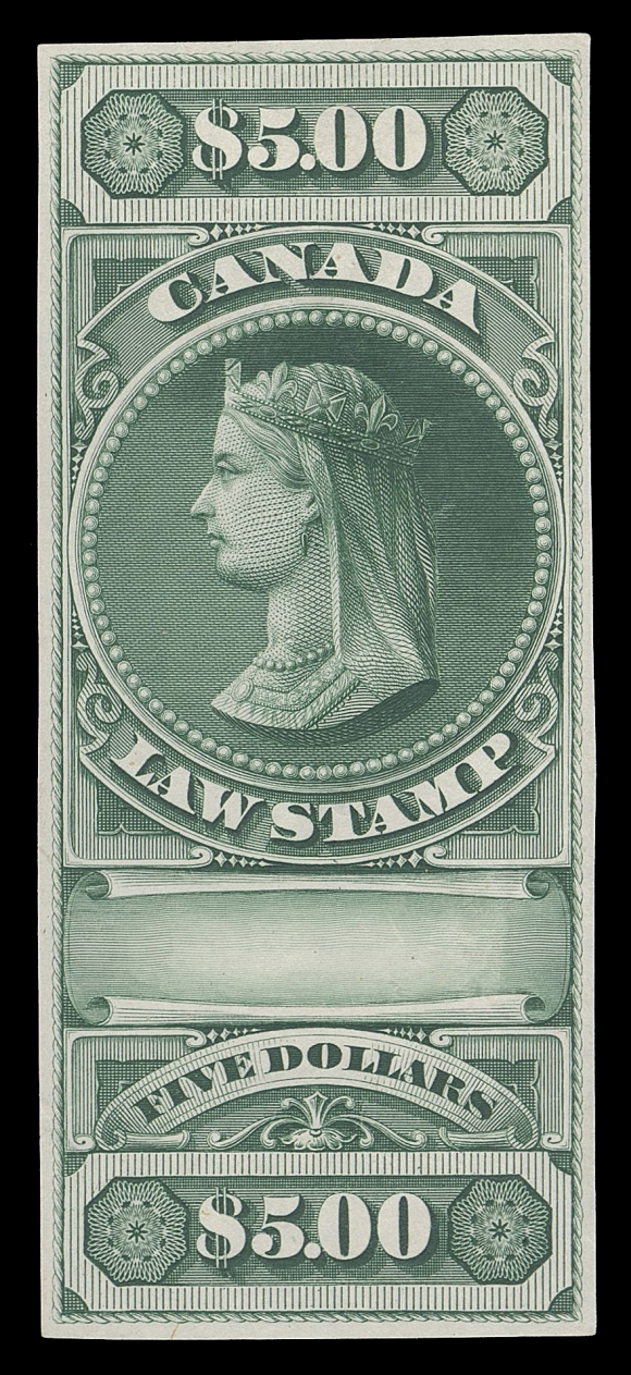 CANADA REVENUES (FEDERAL)  FSC1-FSC6,A spectacular range of engraved trial colour proofs which took many years of diligent searching to assemble; all stamp size on india paper, the odd minor india flaw to be expected, otherwise VFSeventeen different are represented: Indigo - 10c to $5 set; Red - $5; Yellow Green - 20c & $1; Dark Green - $5; Lilac - 10c, 20c (2), 50c, $1, $5; Claret - $1; and Vermilion - $5.Each item is quite a rarity and although Zaluski classifies them as plate proofs, we believe them to be die proofs. Plate proofs (printed in sheets of 40) would be more frequently seen.